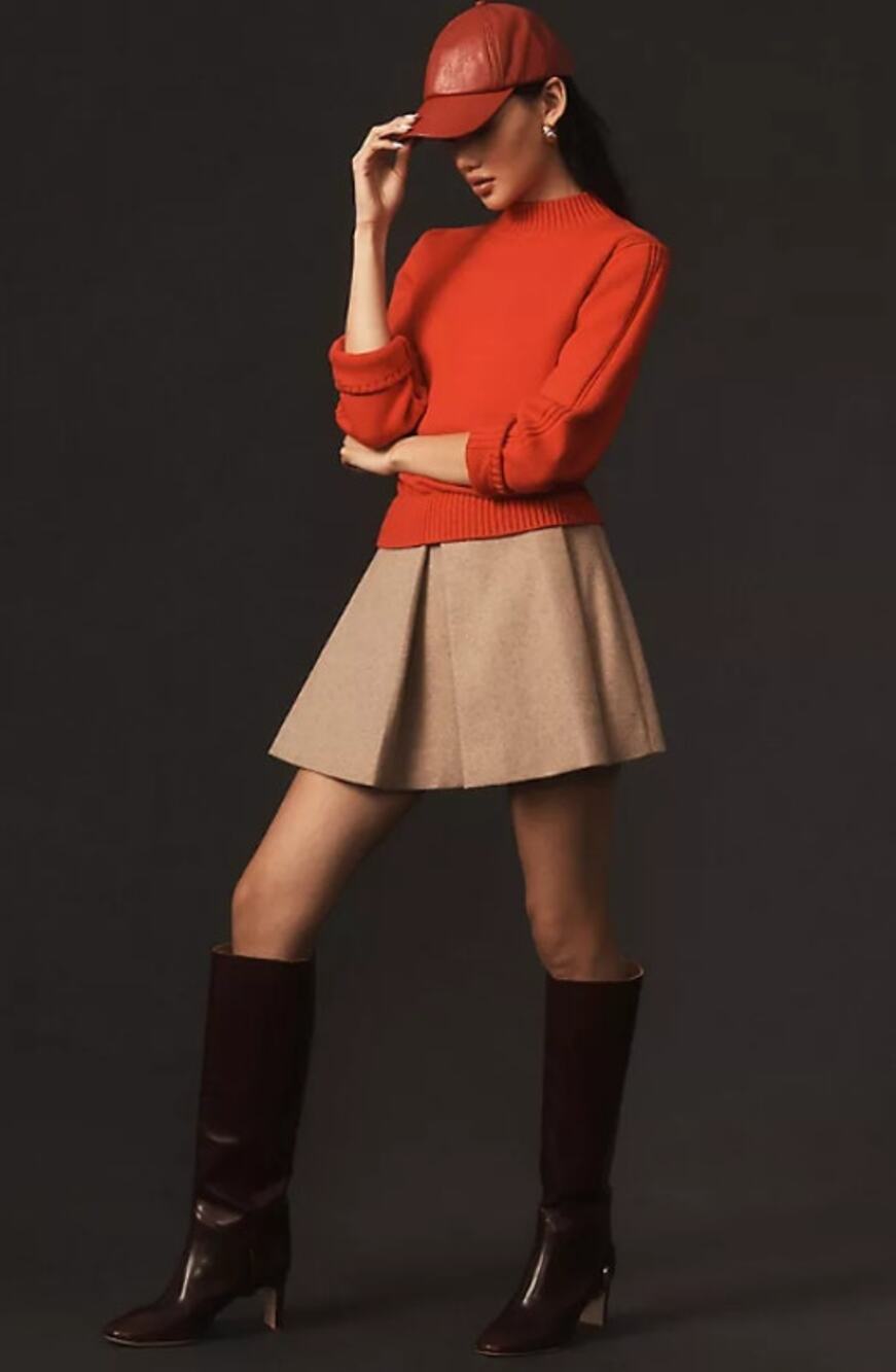 Anthropologie Orange Ribbed Sweater Mini Dress with Tan Skirt Panel